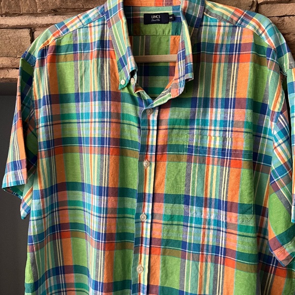 LINCS Madras Plaid Linen Summer SS Shirt Cool Cotton Casual Comfort Green XXL - Picture 3 of 10